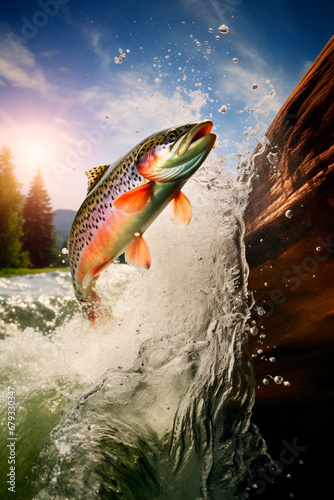 Rainbow trout in the water. Generative AI, © yanadjan