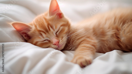 Red kitten sleeps in bed. Generative AI, © yanadjan