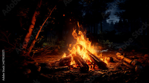 Dark Forest Campfire in the night