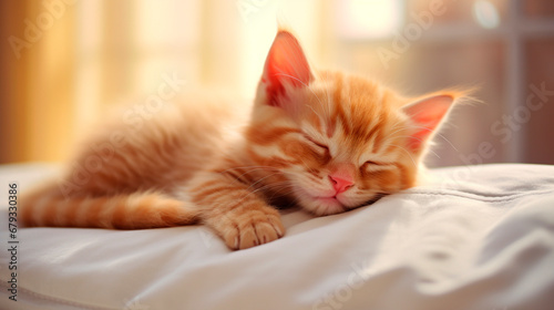 Red kitten sleeps in bed. Generative AI,