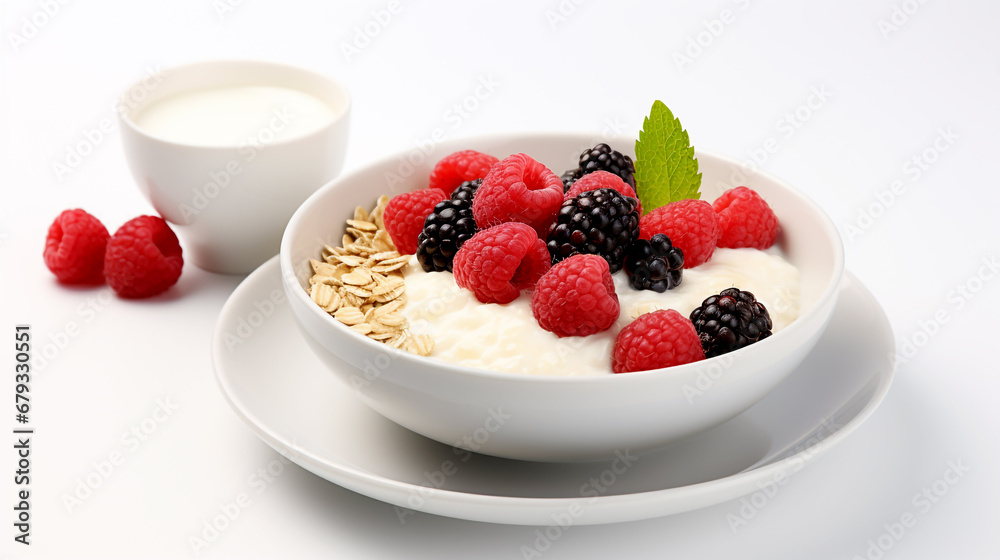 Muesli oats fresh berries yogurt in a bowl on a white background Muesli oats fresh berries yogurt in a bowl on a white background