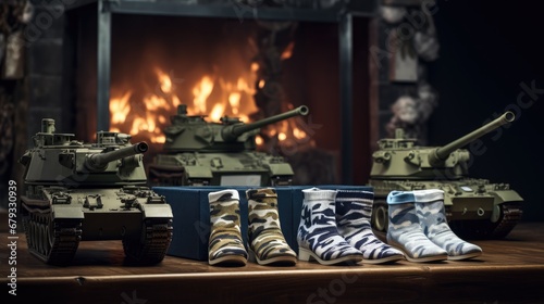Creative advertising. tanks with military shoes as a holiday surprise for February 23rd. Join us and creatively rethink the art of unique gifts