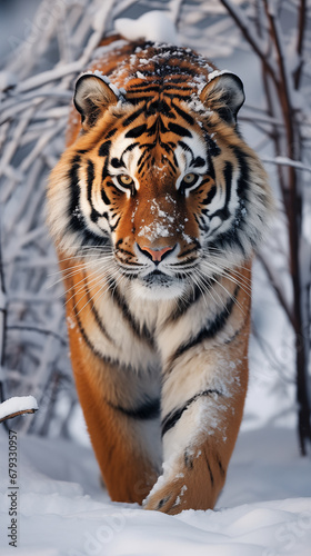 Tiger against the backdrop of a winter landscape.