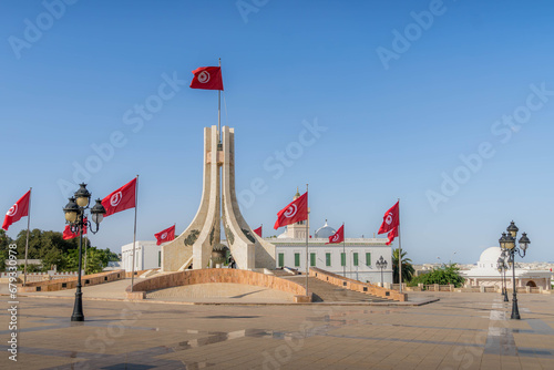 The National Monument of the Kasbah, iconic Tunisia landmark with Tunisian flags, located at Kasbah Square in Tunis downtown, next to the Town Hall.