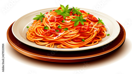 Spaghetti with tomato sauce and basil in a plate isolated on white background