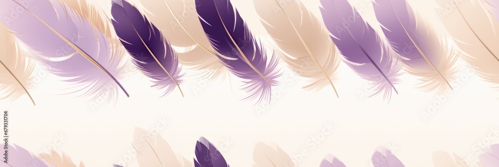 Obraz premium A group of purple and white feathers on a white background. Purple, ombre and white abstract background.