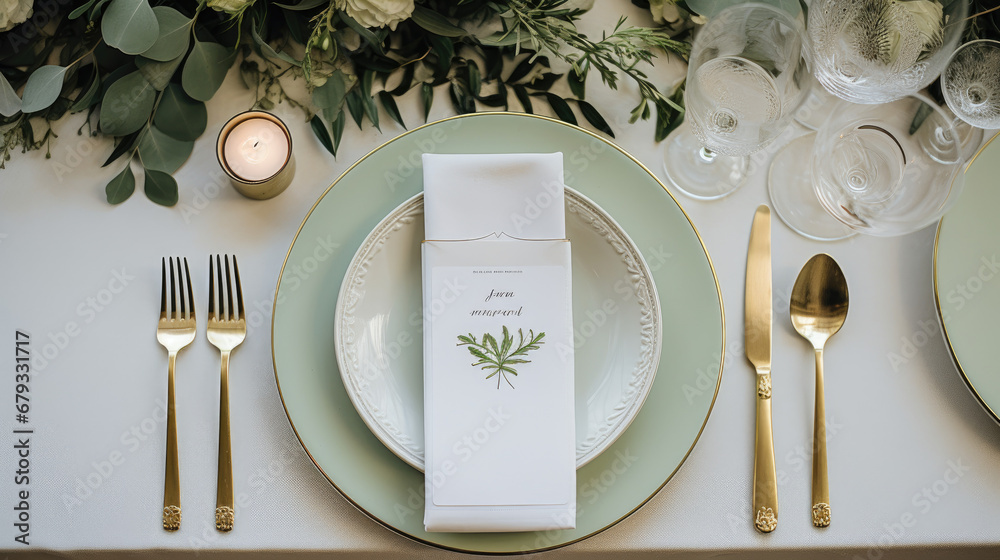 Minimalistic Wedding Menu: Aerial View of Tranquil Design in Light Yellow, White, and Sage Green Minimalistic Wedding Menu: Aerial View of Tranquil Design in Light Yellow, White, and Sage Green