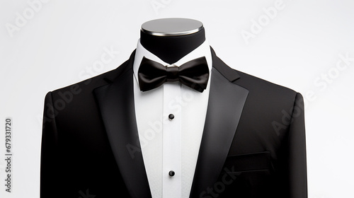 Black tuxedo and tie on mannequin on a white background 