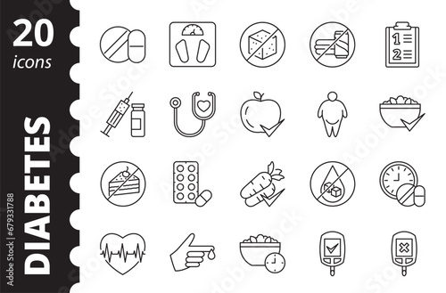 Diabetes line icons. Collection of symbols. Vector illustration.