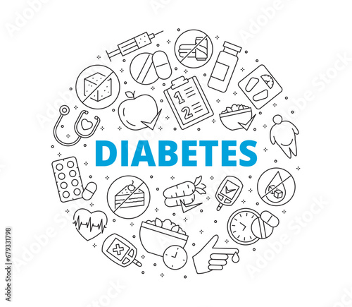 Diabetes line icons. Collection of symbols. Circular composition. Vector illustration.
