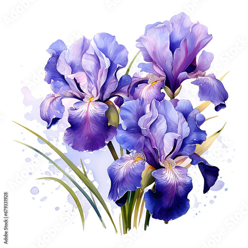 Watercolor violtet iris with gold elements isolated for wedding decoration