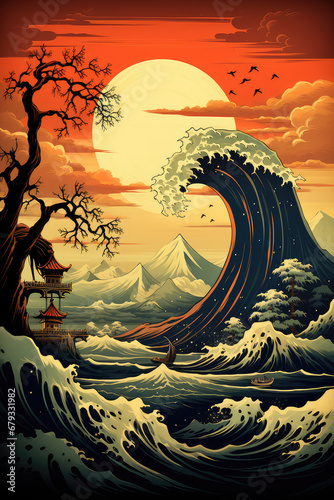 Eternal Harmony: A Retro Asian Style Art Poster Melding Vintage Eastern Aesthetics with Modern Generative Creativity, Crafted by Generative AI
