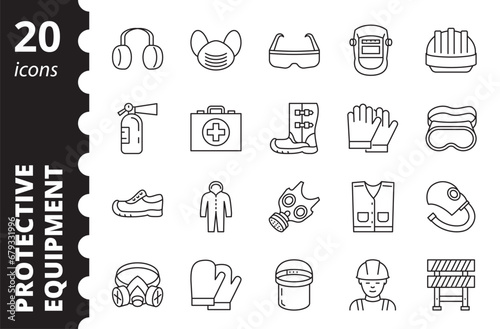 Protective equipment line icons. Collection of symbols. Vector illustration.