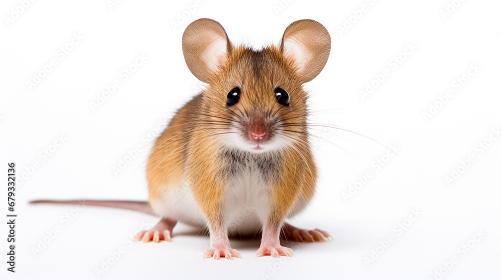 A photograph of cute and adorable mouse on white background