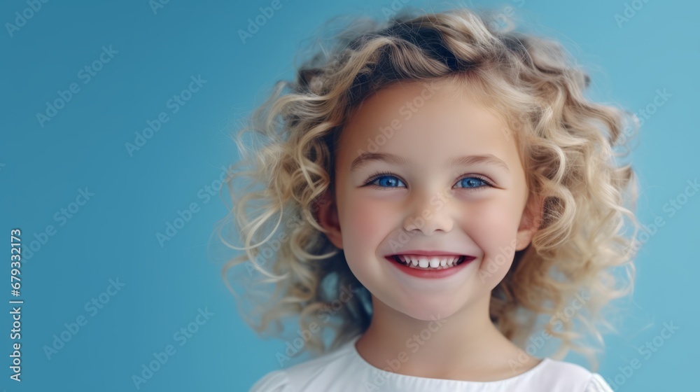 Delighted curly-haired young girl with a beaming smile, wearing a light blue dress on a turquoise background. Capturing the pure joy and vibrant personality of childhood Delighted curly-haired young girl with a beaming smile, wearing a light blue dress on a turquoise background. Capturing the pure joy and vibrant personality of childhood