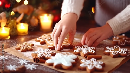 Decorating Christmas cookie with icing on wooden table
