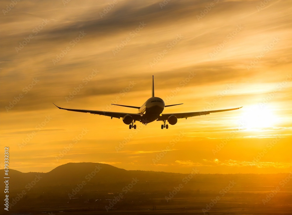 Airplane fly on the sky at sunset, travel concept Airplane fly on the sky at sunset, travel concept