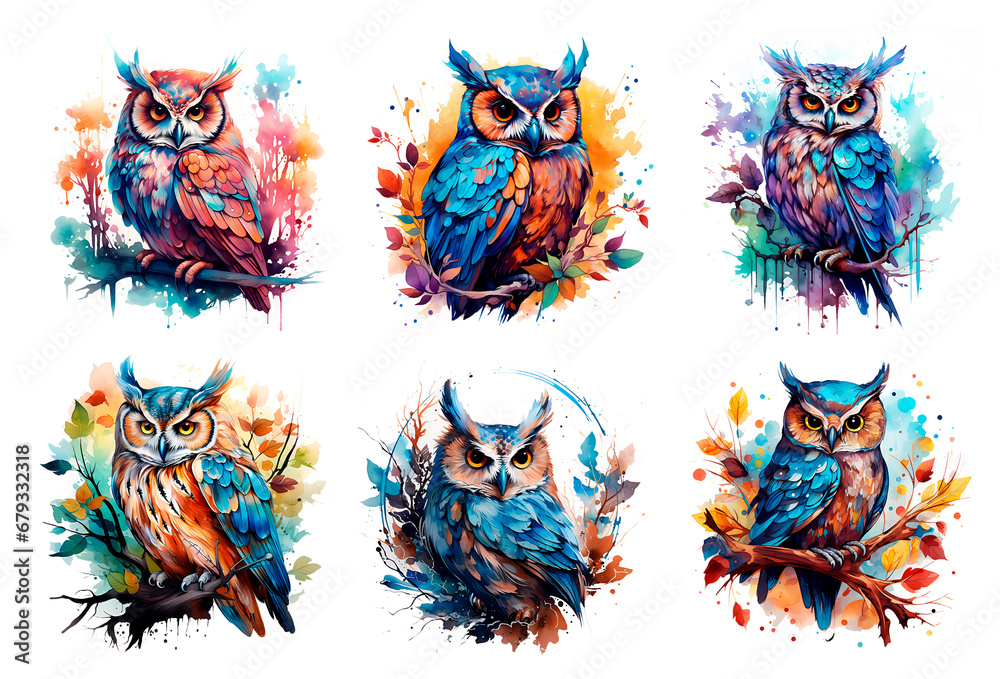 Watercolor illustration colorfull owls on branches isolated