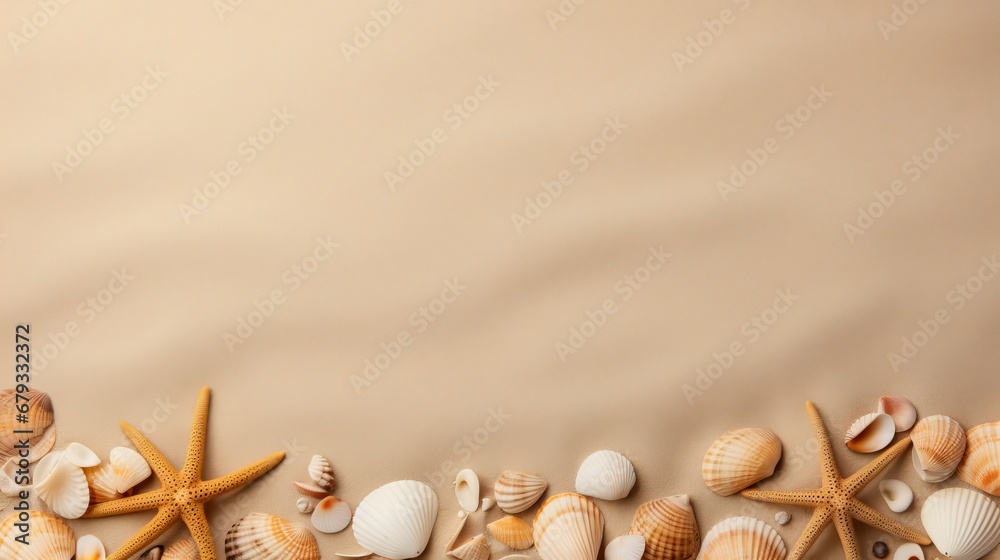 seashells, stones and starfish on the sand with space for text. seashells, stones and starfish on the sand with space for text.