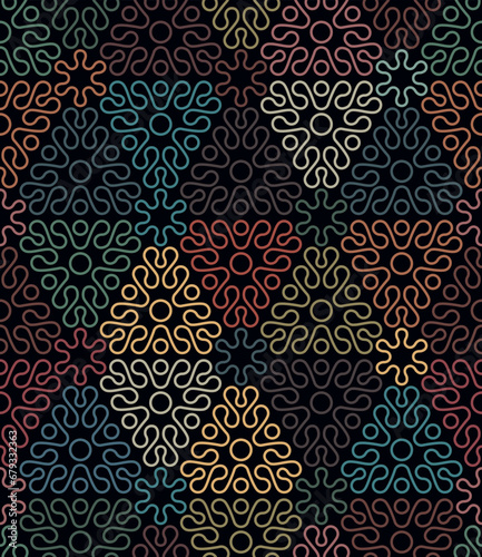 Geometric composition of thin multicolored wavy lines in the shape of triangles on a black background. Abstract modern design. Seamless repeating pattern. Vector illustration. 