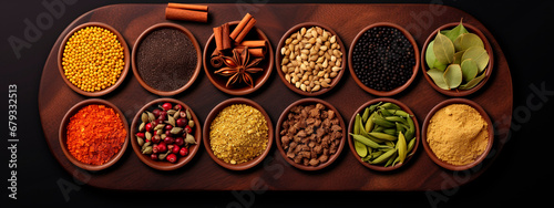 Tray with different spices. Generative AI,
