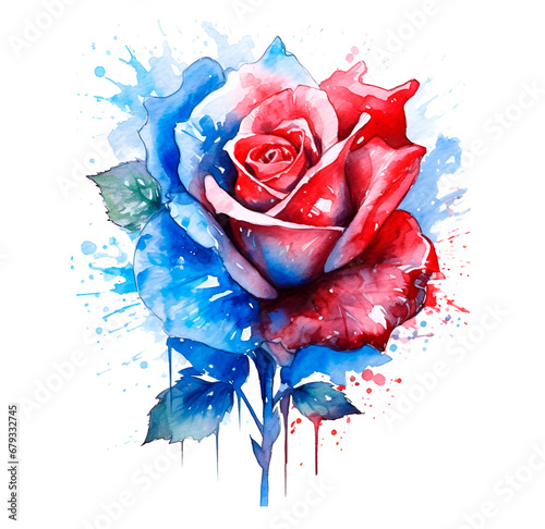 Watercolor illustration rred and blue roses flowers isolated blossom photo