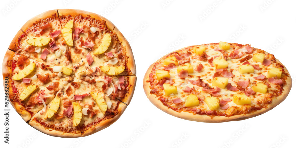 Delicious Hawaiian pizza with ham and pineapple, two versions, isolated Delicious Hawaiian pizza with ham and pineapple, two versions, isolated
