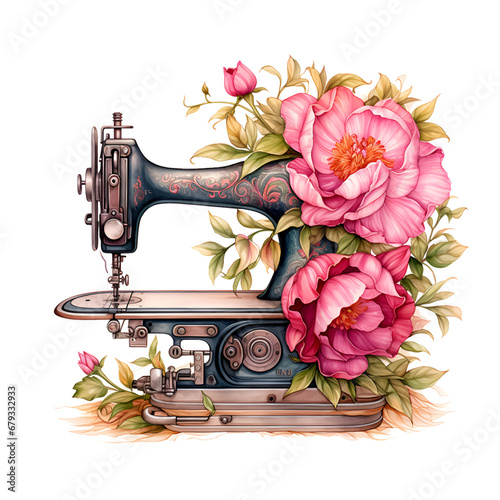 Watercolor illustration  retro sewing machine with flowers isolated