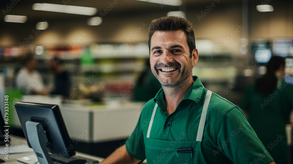 Portrait of a smiling male cashier at a supermarket checkout. ai generative Portrait of a smiling male cashier at a supermarket checkout. ai generative