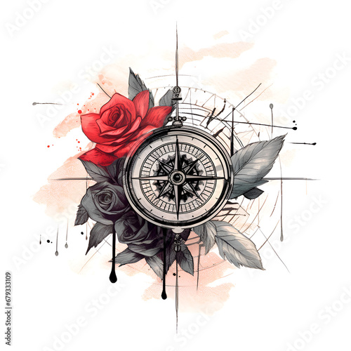 Watercolor illustration vintage compas with roses tattoo graphic isolated photo