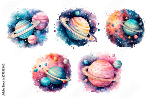 Watercolor illustration space with planets cosmic composition