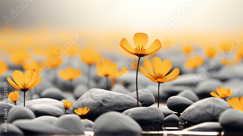 Serene Landscape of Vibrant Orange Flowers Emerging from Smooth Grey Stones