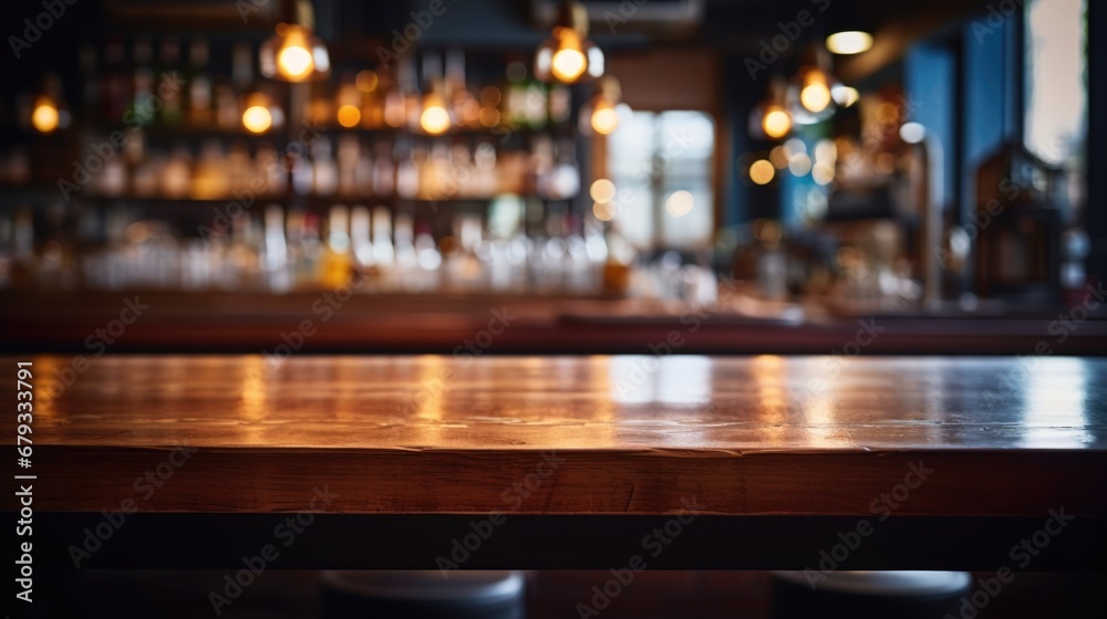 A wooden table with a bar in the background.