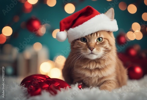 Festive Yellow Cat Wearing Santa's Hat Amidst Bokeh Lights