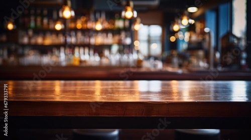 A wooden table with a bar in the background.