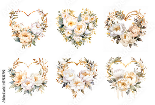 Watercolor white peony with gold elements isolated heart frames