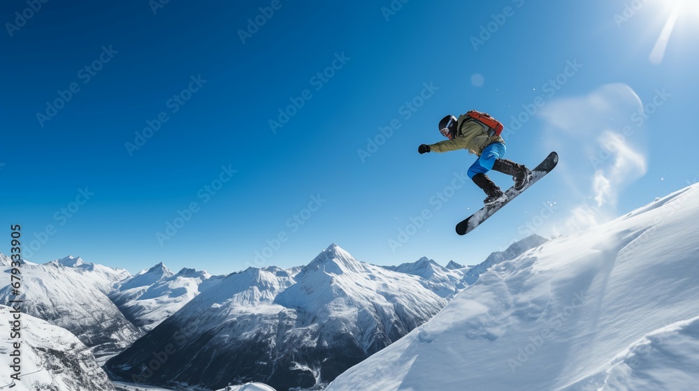Snowboarder Launching off a Snow-Covered Jump, Capturing the Essence of Extreme Sports and Excitement