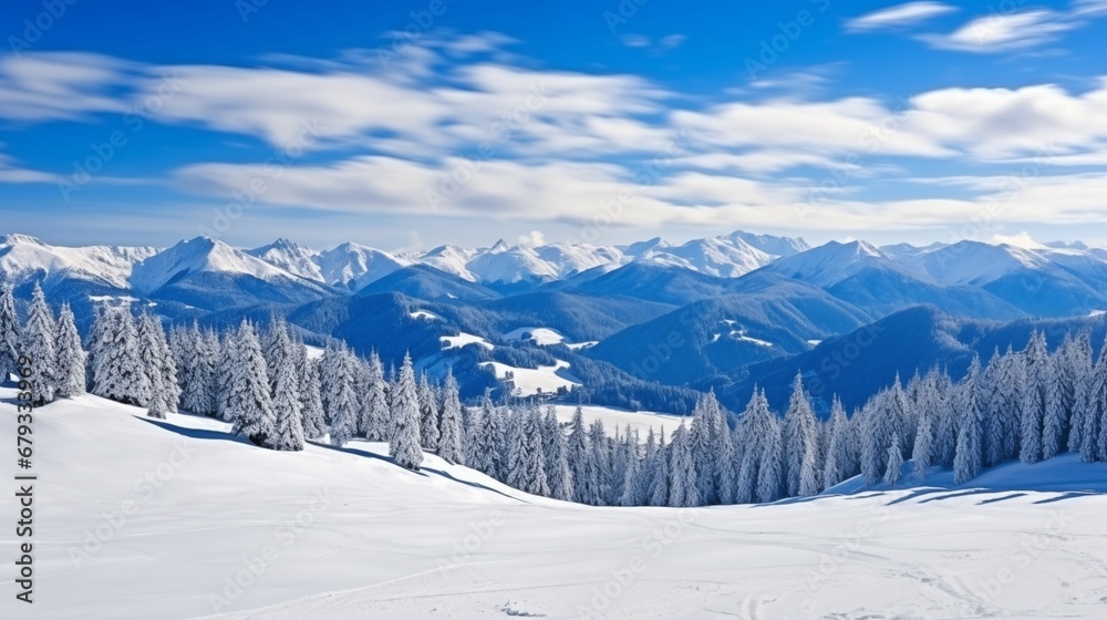 Winter mountain panorama with ski slope, snow landscape
