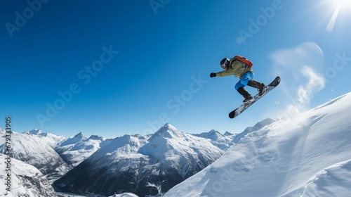 Snowboarder Launching off a Snow-Covered Jump, Capturing the Essence of Extreme Sports and Excitement