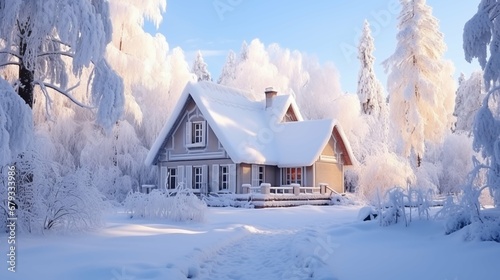 Winter cottage in beautiful snow forest, nature landscape