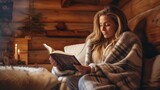 Woman reading book on cozy couch, in winter snow house
