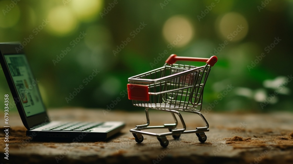 A laptop screen with a mini shopping cart, illustrating online shopping