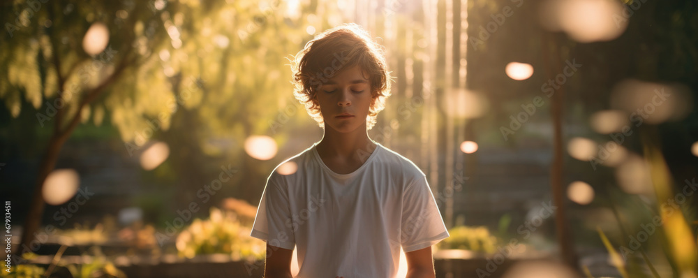 Mindfulness. Photo of a teenager in a peaceful garden, practicing mindful breathing, dressed in loose, comfortable clothing from the casual wear line. - obrazy, fototapety, plakaty 