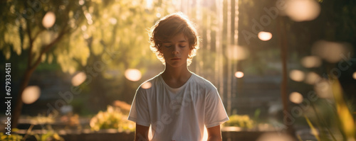 Mindfulness. Photo of a teenager in a peaceful garden, practicing mindful breathing, dressed in loose, comfortable clothing from the casual wear line. photo