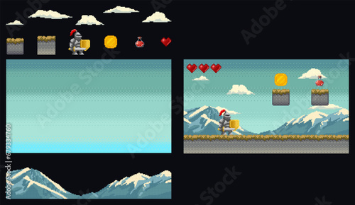 Platform medieval game pixel art graphics kit. Knight in armor holding sword and shield with mountains, clouds and different items. Video retro game vector illustration.