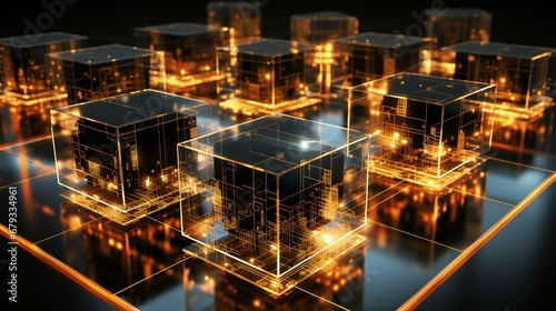 Network of Glowing Digital Cubes Represents a Complex Grid of Connected Cyber Data Blocks