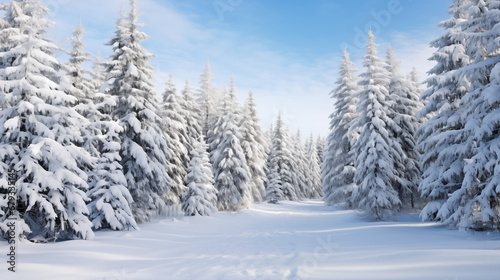 A snow covered forest filled with lots of trees © Denys