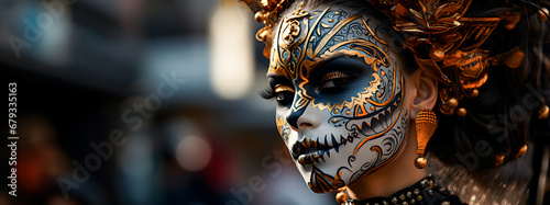 An attractive young woman dressed up as La Catrina for carnival, Day of the Dead. Space for text