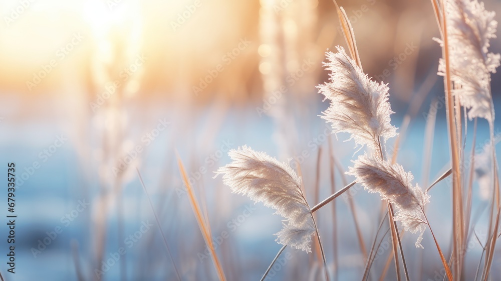 serene winter beauty: Beautiful gentle winter landscape with frozen grass. Best image secures stocks in a leading winter and holiday photography brand