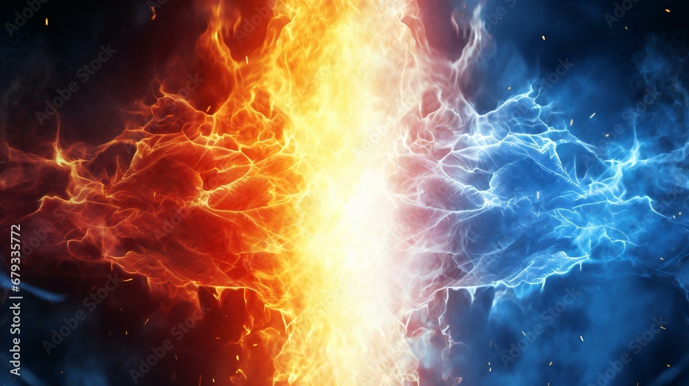 Elemental Fury: Electric Blue and Fiery Red Energies Collide in a Spectacular Visual Display